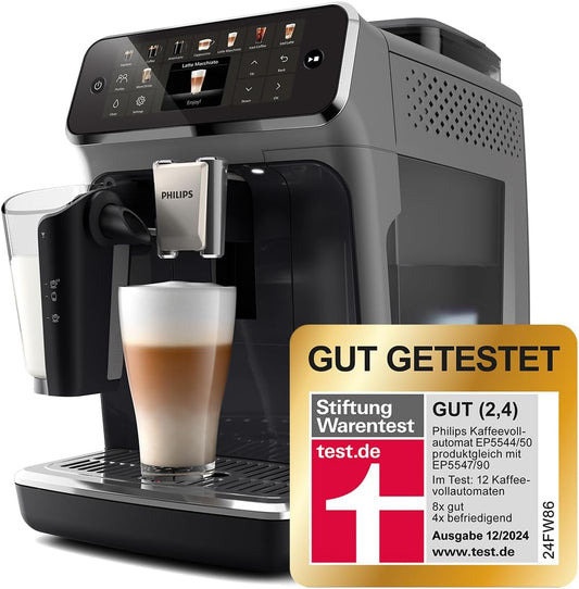 Philips Serie 5500 Kaffeevollautomat – LatteGo Milchsystem, 20 heiße und kalte Kaffeespezialitäten, 40% leiser mit SilentBrew, Schwarz/Grau (EP5544/50)