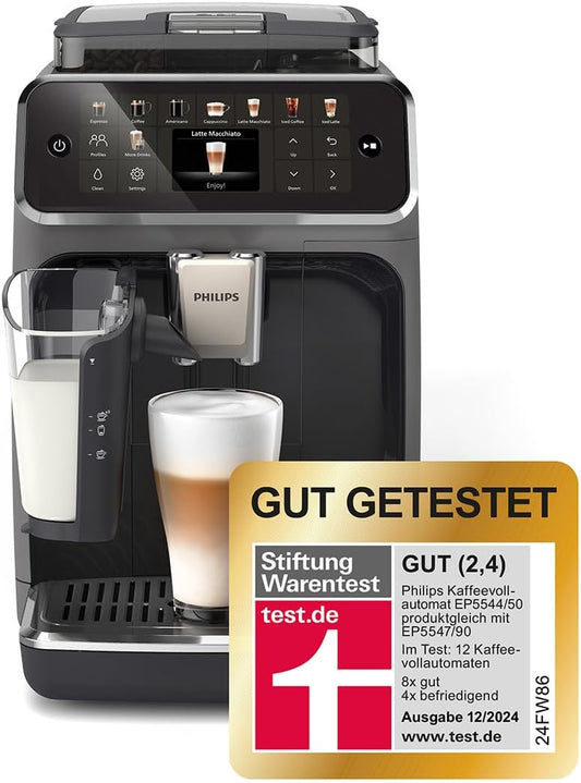 Philips Serie 5500 Kaffeevollautomat – LatteGo Milchsystem, 20 heiße und kalte Kaffeespezialitäten, 40% leiser mit SilentBrew, Schwarz/Grau (EP5544/50)